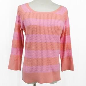 St. John’s Bay Pink & Coral Cable Knit Sweater Medium – Soft Cotton Blend 3/4 Sl
